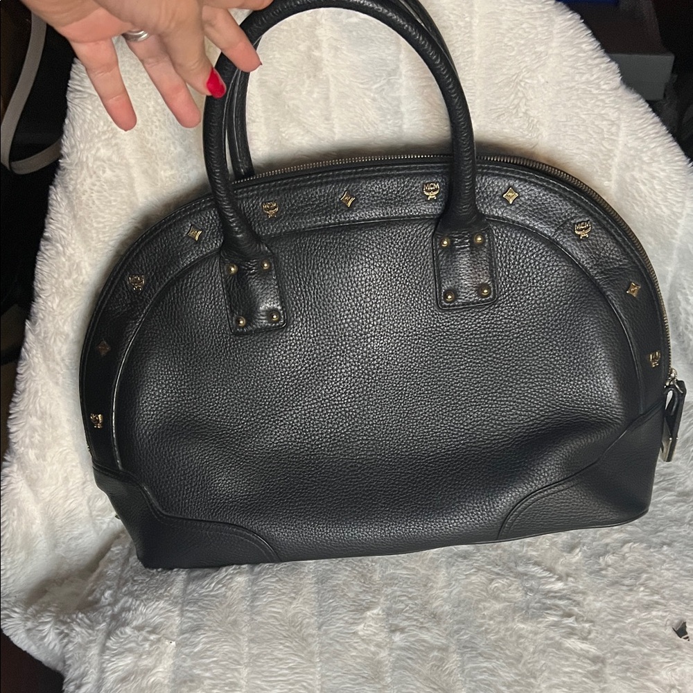 Black Leather Satchel Handbag with Gold Stud Accents